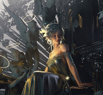 :), art, wlop, fantasy, throne, anfel, angel, girl, dark HD wallpaper