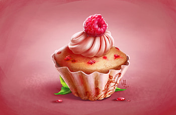 Raspberry cupcake, sweet, olga merkulova, dessert, raspberry, food, pink, fantasy, red, fruit, cupcake HD wallpaper
