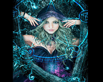 Blue Witch, pentagram, runes, green hair, witch HD wallpaper