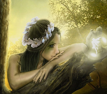 Ä Day In Fairyland, fairy, artwork, painting, light, unicorn, woman HD wallpaper