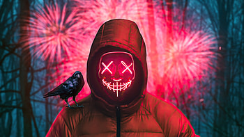Anonymus Guy Crow Sitting On Shoulder, anonymus, mask, neon, crow, artist, artwork, digital-art HD wallpaper