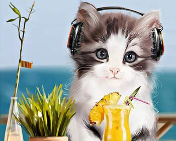 Cat on the beach, blue, kitten, sea, animal, lorri kajenna, heads, art, cute, cat, beach, pisica, summer, yellow, glass, luminos, drink HD wallpaper