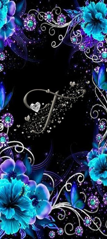 Letter T, flowers, blue, black, hearts, purple, silver, cute HD phone wallpaper