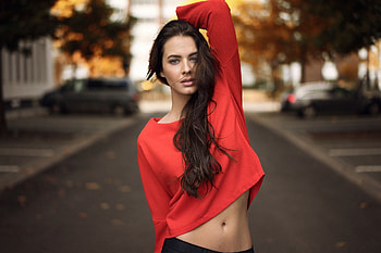 Brunette, red top, woman model, glamor HD wallpaper