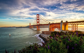 Golden Gate Bridge, Stunning sunset, Golden hues, Majestic structure HD wallpaper
