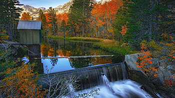 Lake Sabrina, California, leaves, clouds, autumn, trees, sky, mountains, cascade, usa HD wallpaper