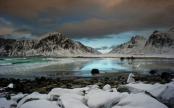 Nature, Stones, Sky, Mountains, Clouds, Snow, Shore, Bank, Bird, Ocean, Gull, Seagull, Gloomy, Cold HD wallpaper