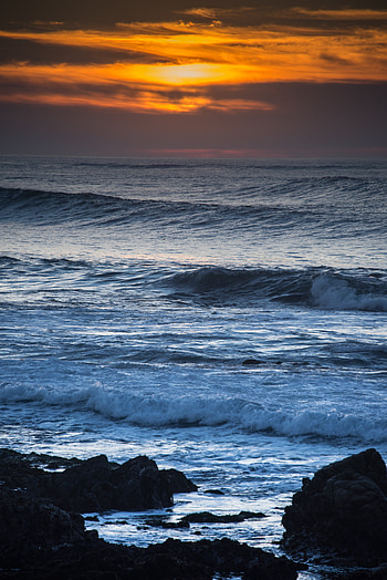 Nature, Sun, Waves, Rocks, Horizon HD phone wallpaper
