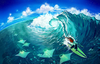 Live with the Ocean, animal, awesome, yuumie, red hair, stars, long hair, beauty, nice, fish, water, male, ocean, sweet, magic, beautiful, dremm, anime, fantasy, animel, cool, clouds, sky, anime boy, dream, watermark HD wallpaper