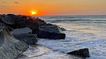 Morning Sunrise Vilano Beach, Florida, sea, colors, sky, rocks, sun, usa HD wallpaper