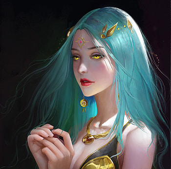 Beauty, hair, earring, blue, frumusete, yellow eyes, gorgeous, girl, hand, superb, jewel, jiayi xu, fantasy, face HD wallpaper
