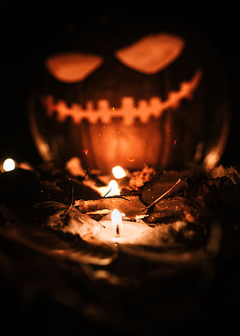 Creepy jack-o'-lantern glowing with candlelight amidst fallen leaves and twigs at night. HD phone wallpaper