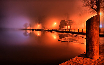 Lake at Night, night, fog, lights, trees, pier, nature, lake HD wallpaper