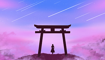 Art, Stars, Clouds, Silhouette, Girl, Torii Gate HD wallpaper