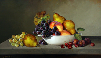 Fruit Bowl, white, shelf, grapes, cherries, plums, pears, leaves, peaches, fruit, bowl HD wallpaper
