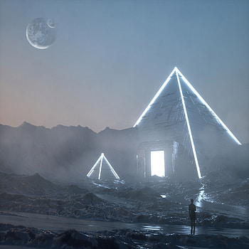 Fantasy, Art, Pyramids, Silhouette, Neon, Wanderer HD phone wallpaper