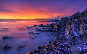 Winter Sunrise at Portland Head Light, sea, lighthouse, snow, colors, clouds, sky, rocks, stones HD wallpaper