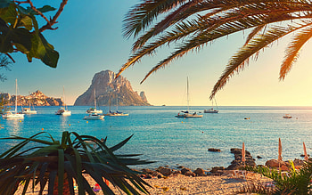 Ibiza coastal charm, Sunset serenity, Palm-fringed shores, Mediterranean idyll HD wallpaper