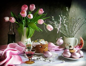 Spring, catkins, entertainment, vase, colors, tulips, eggs, cake, others, glass, flowers HD wallpaper