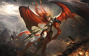Demon, wings, league of angels, bat, girl, orange, fantasy, game, luminos HD wallpaper