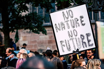 Large group of people rallying with a sign advocating for nature protection and climate action. HD wallpaper