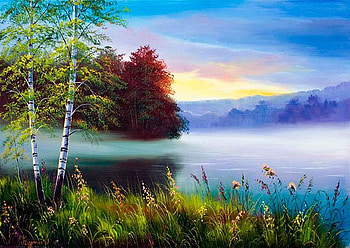 By Oksana Kuzmenko. The fog over the water, oksana kuzmenko, painting, art, nature, lake, tree HD wallpaper