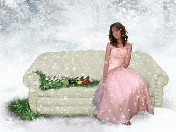 Spring at the Snow, lady, flowers, sitting, snow HD wallpaper