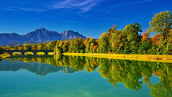 Saalach River, Bavaria, colors, autumn, trees, germany, landscape, mountains, water, reflections, fall HD wallpaper