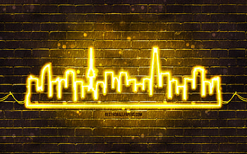 Seoul yellow neon silhouette, , yellow neon lights, Seoul skyline silhouette, yellow brickwall, South Korean cities, neon skyline silhouettes, South Korea, Seoul silhouette, Seoul HD wallpaper