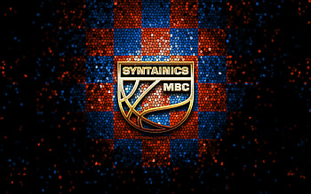 Syntainics MBC, glitter logo, BBL, orange blue checkered background, basketball, german basketball club, Syntainics MBC logo, mosaic art, Basketball Bundesliga HD wallpaper