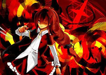 Okazaki Yumemi, explosion, touhou, red hair, long hair, fire, purple eyes HD wallpaper