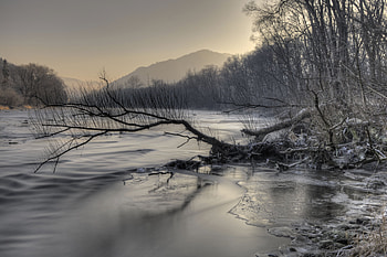 Nature, Rivers, Mountains, Snow, Snag HD wallpaper