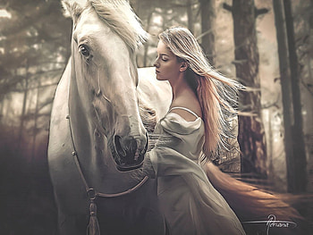 Friendship, wind, horse, trees, girl, forest, beauty HD wallpaper