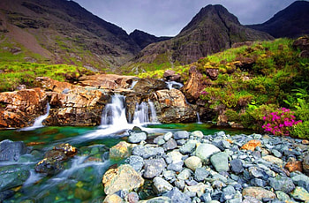 Mountain stream, creek, hills, landscape, beautiful, grass, rocks, stones, mountain, summer, cascades, nature, flowers, stream HD wallpaper