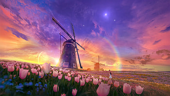 flower, sky, wind turbine, woman, artistic HD wallpaper