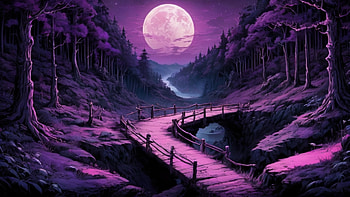Purple Moon, purple, bridge, moon, forest, tree HD wallpaper