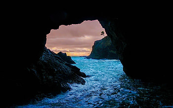 Cave Sunset Sea, cave, sunset, sea, nature HD wallpaper