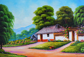 Country feeling, artwork, path, house, trees, wall HD wallpaper