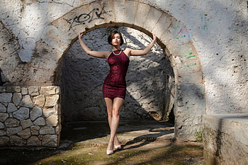 Ruth in a Red Mini Dress, doorway, model, dress, brunette, outdoors HD wallpaper