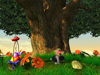 Hopping Down The Bunny Trail, bows, eggs, basket, trail, holiday, fence, easter eggs, bow, ribbon, path, grass, easter bunny, tree, easter basket, rock, bunny, flowers, easter HD wallpaper