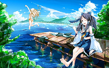 Summer fun, big eye, cute, girl, bikini, dress, beach, summer, anime, bright colors, sky, lovely HD wallpaper