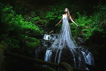 Maiden Rising From a Waterfall, mind teaser, model, brunette, waterfall, forest HD wallpaper
