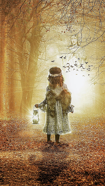 Little Angel in Autumn Forest, fall, little girl, wings, fantasy, angel HD phone wallpaper