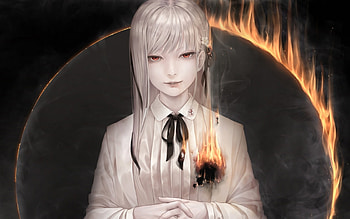 Heart in fire, white, black, eclipse, girl, anime, moon, fantasy, yellow, luna, luminos, fire, manga, sun, bouno satoshi HD wallpaper