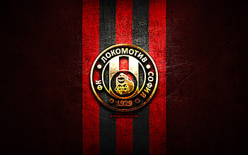 Lokomotiv Sofia FC, golden logo, Parva liga, red metal background, football, bulgarian football club, Lokomotiv Sofia logo, soccer, FC Lokomotiv 1929 Sofia HD wallpaper