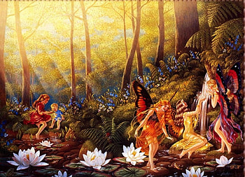 Fairy's Forest, fairy, artwork, sunshine, wings, girl, waterlilies, pond HD wallpaper