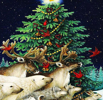 Christmas Parade, artwork, bears, wolves, painting, deer, animals, cardinal, tree HD wallpaper
