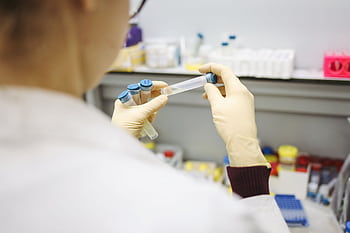 Scientist examining test tubes in a laboratory setting, wearing protective gloves. HD wallpaper