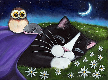 By Lisa Marie Robinson, kitten, art, cat, owl, lisa marie robinson, painting, moon, flower, sleep HD wallpaper