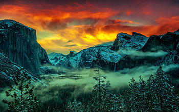 Yosemite NP in Winter, valley, snow, colors, sky, mountains, usa, sunset, california, landscape, trees HD wallpaper